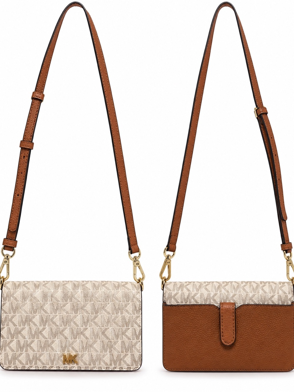 Michael Kors Beige Signature MK Jacquard and Brown Leather Crossbody